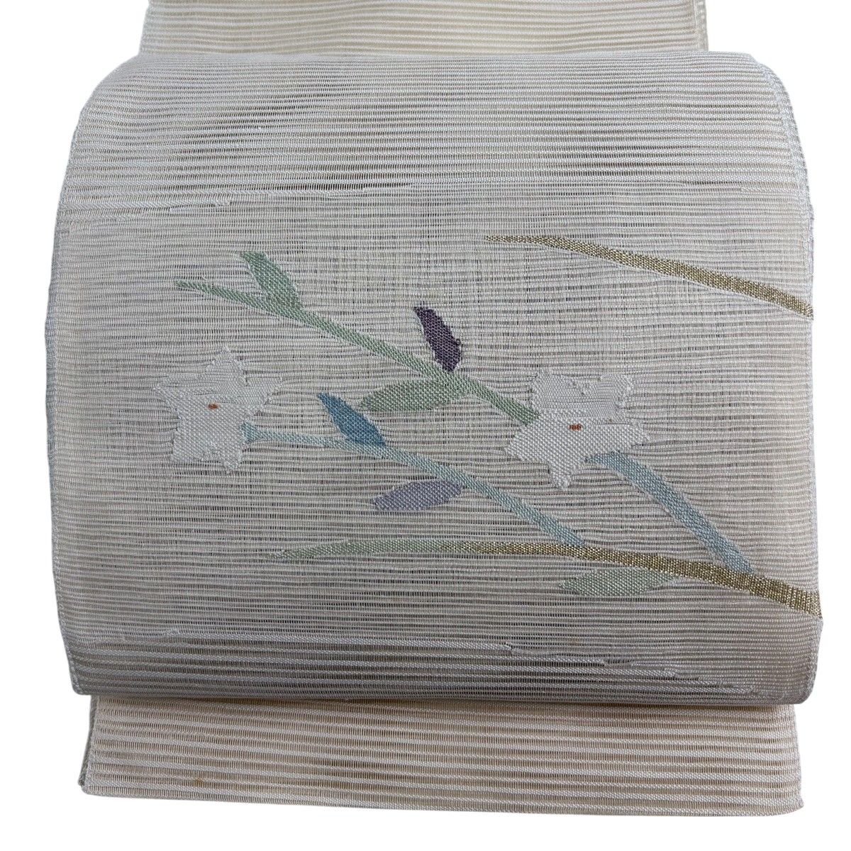 名古屋帯 秀品 夏帯 絽 八寸名古屋帯 草花 金糸 ベージュ 正絹 【中古】