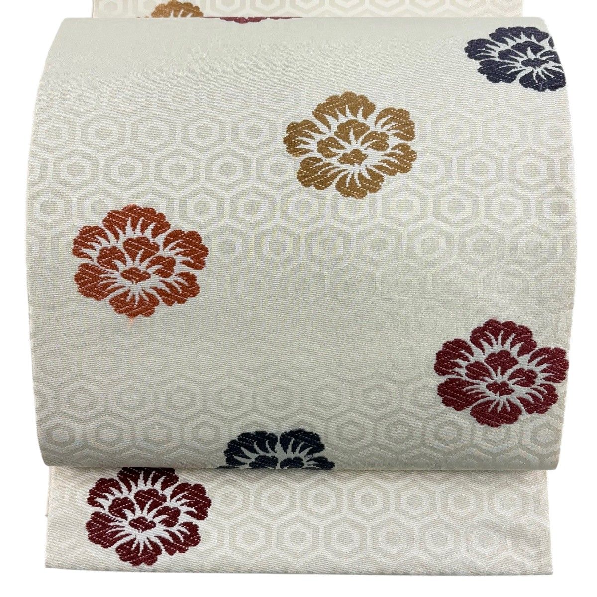 開き名古屋帯 秀品 花 亀甲 唐織 ベージュ 正絹 【中古】