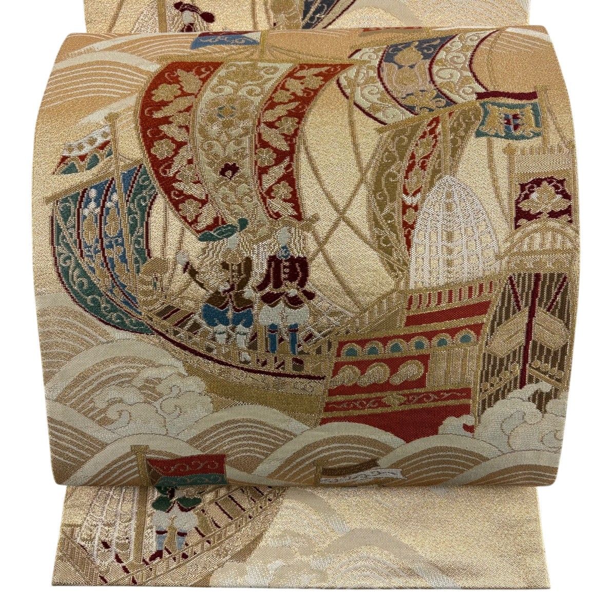 【美品】 袋帯 秀品 南蛮船 人物 金糸 箔 金色 六通 正絹 【中古】