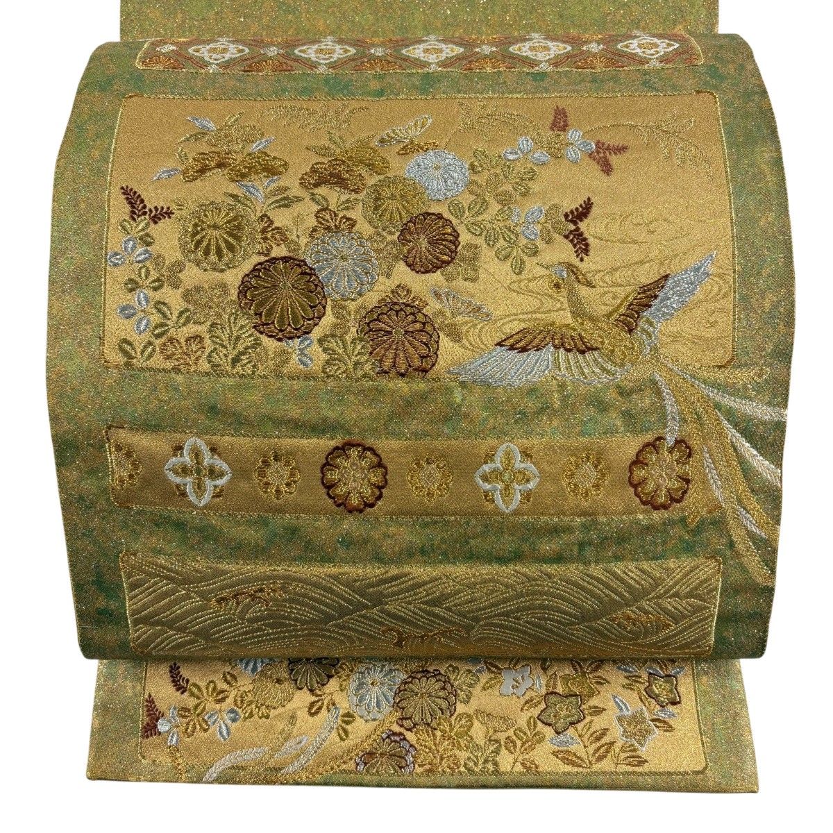【美品】 袋帯 秀品 関西仕立て 尾長鳥 秋草 金銀糸 箔 黄緑色 六通 正絹 【中古】