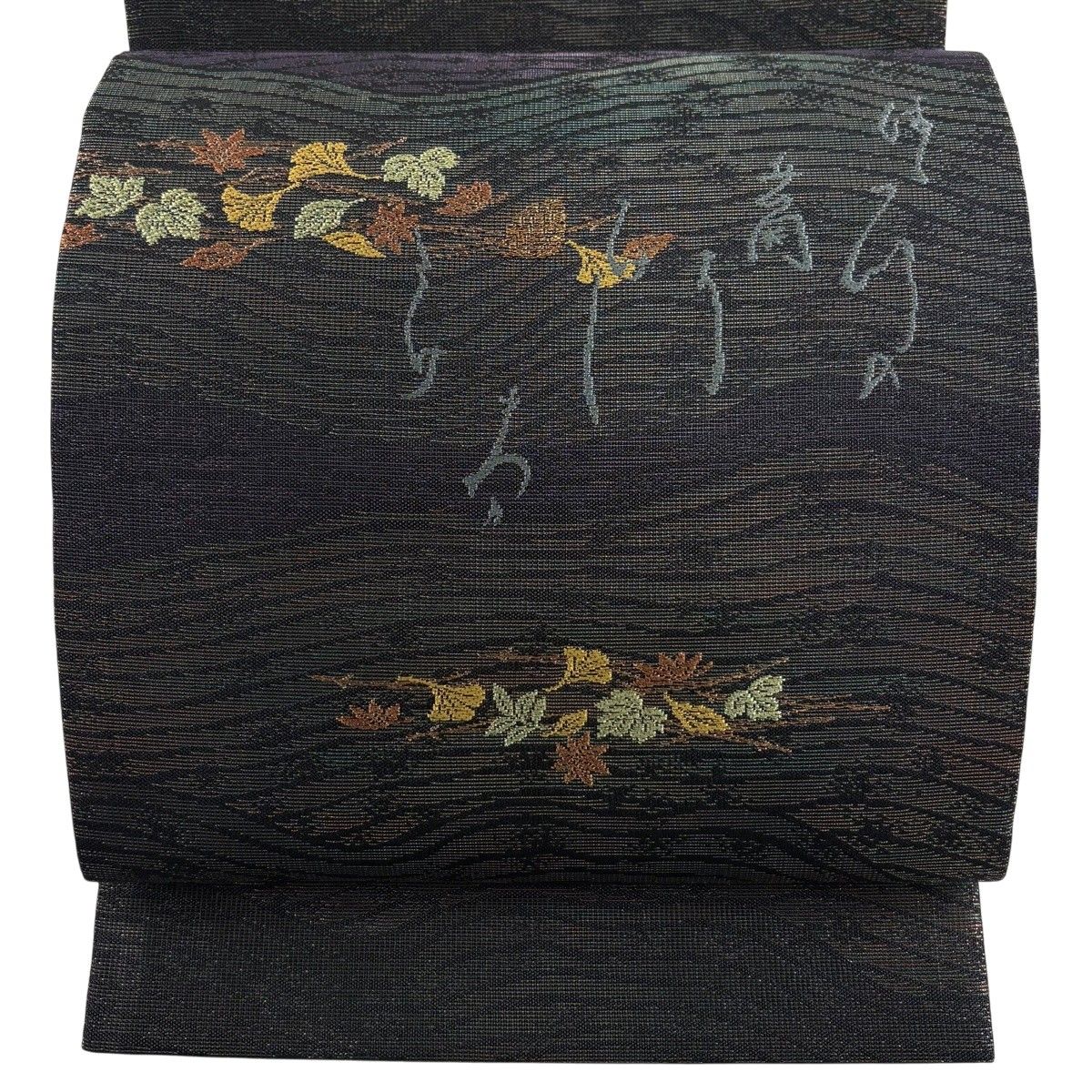 【美品】 袋帯 秀品 文字文 吹き寄せ 金糸 深緑 お太鼓柄 正絹 【中古】
