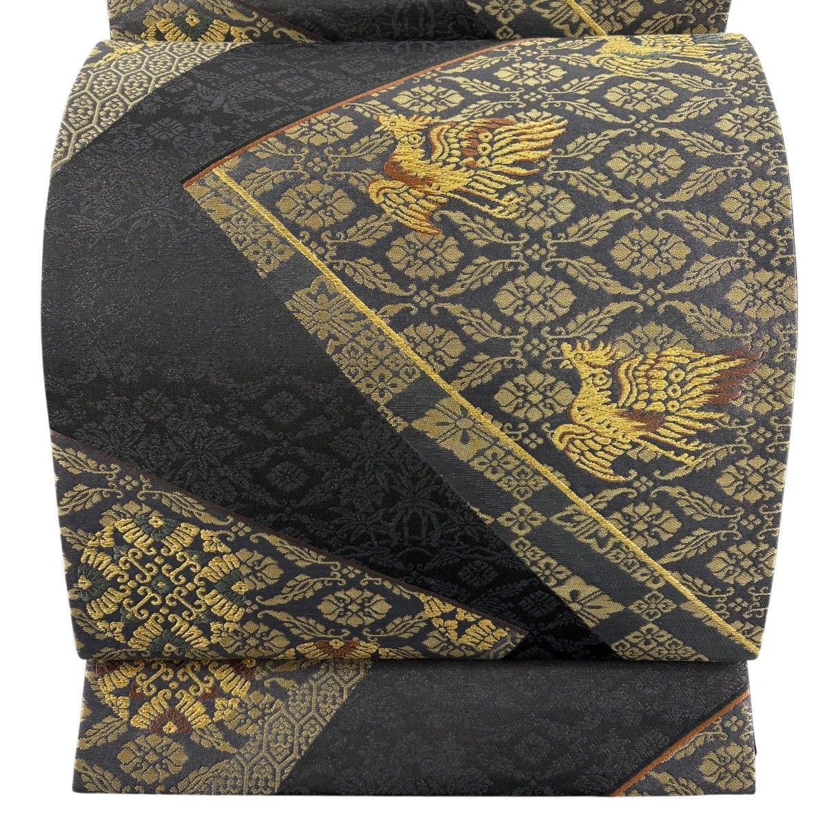 【美品】 袋帯 秀品 落款 霜鳥忍の世界 鳥 花 金糸 黒灰 六通 正絹 【中古】