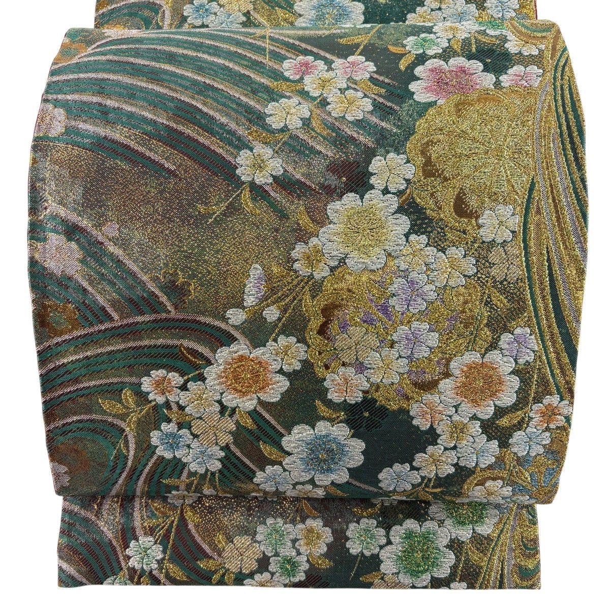 【美品】 袋帯 秀品 桜 波 箔 金銀糸 緑 六通 正絹 【中古】