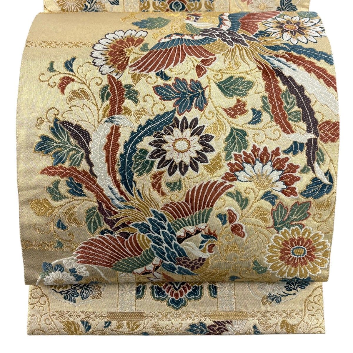 【美品】 袋帯 秀品 鳳凰 花唐草 唐織 箔 金色 六通 正絹 【中古】