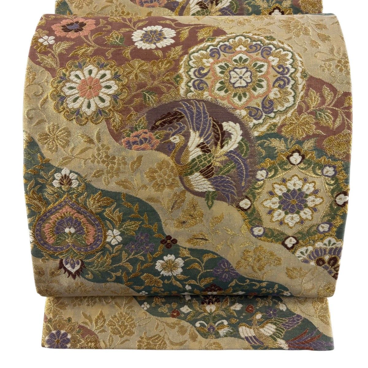 【美品】 袋帯 秀品 華文 花鳥 箔 唐織 金色 六通 正絹 【中古】