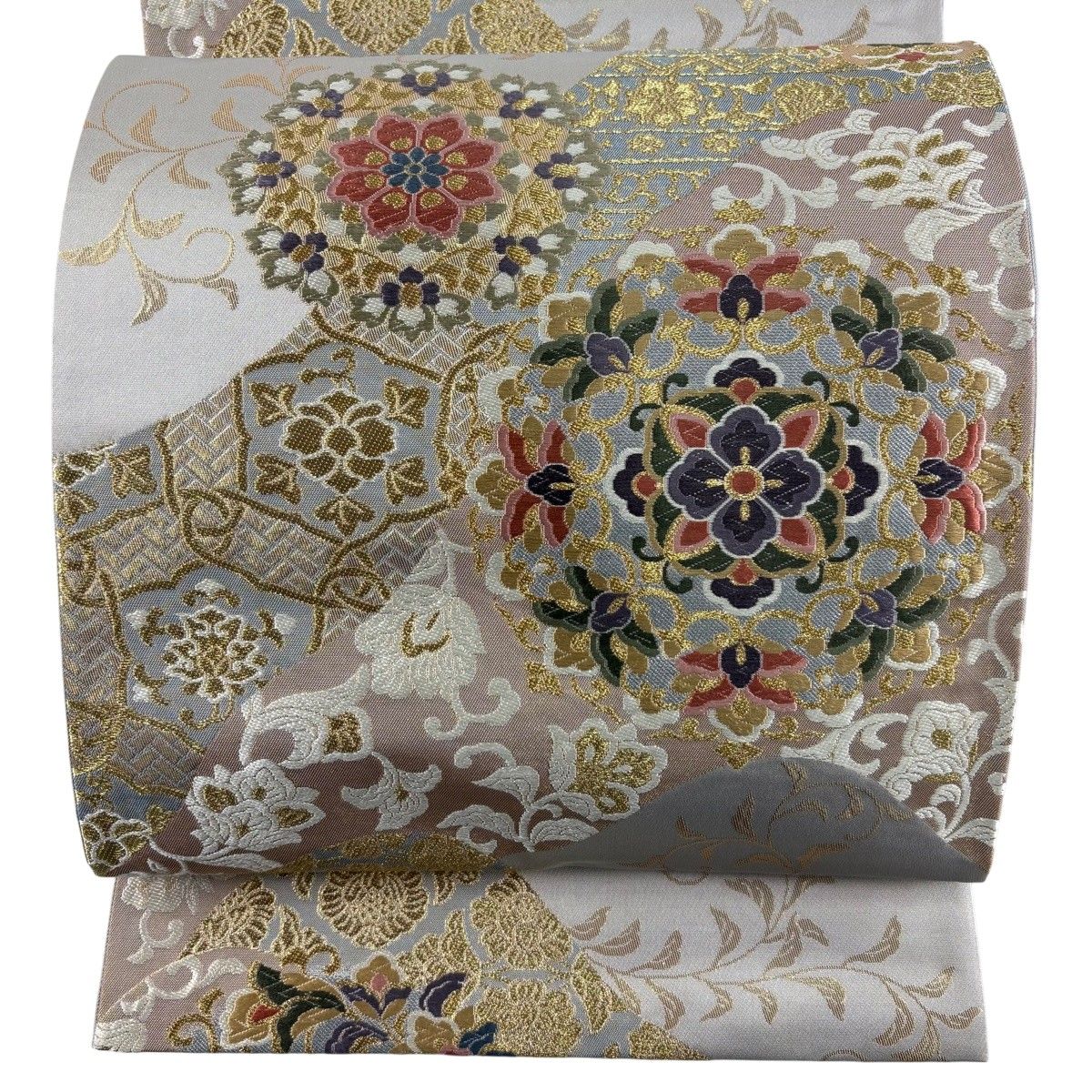 【美品】 袋帯 秀品 翔錦瑞祥文 箔 唐織 灰色 六通 正絹 【中古】