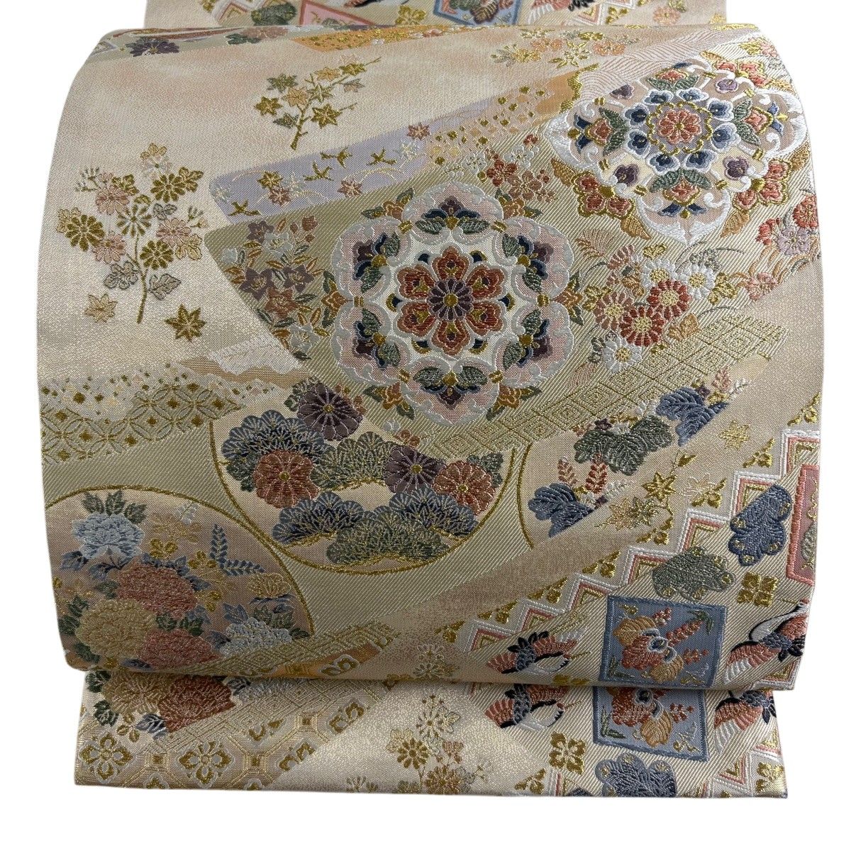 【美品】 袋帯 秀品 華文 珀鳳絵巻 金糸 箔 ベージュ 六通 正絹 【中古】