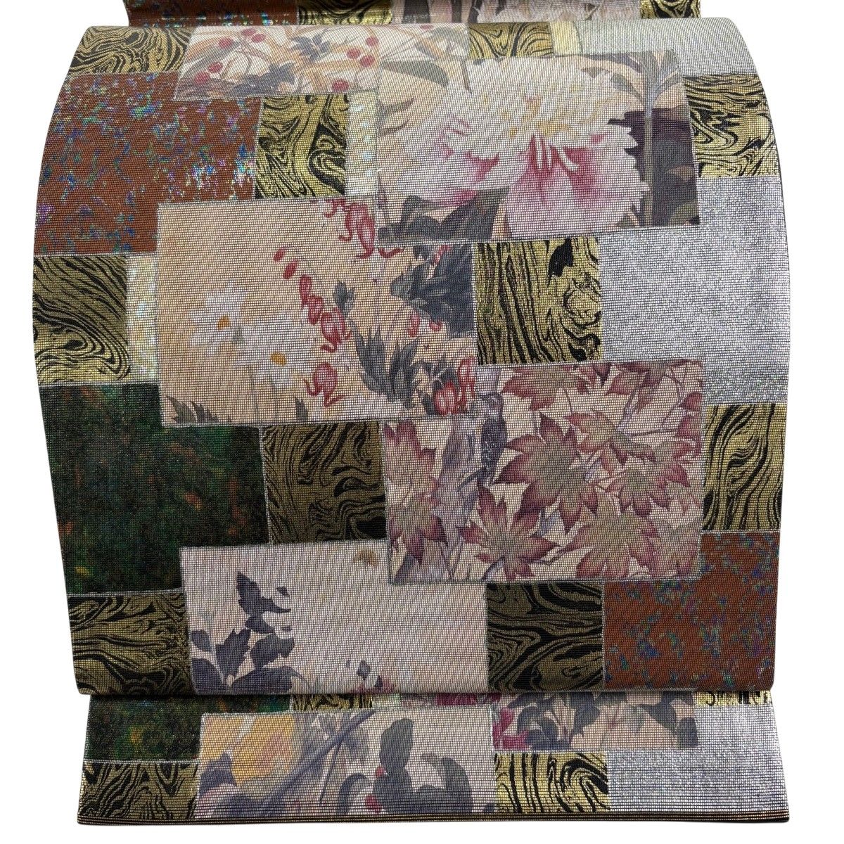 【美品】 袋帯 秀品 絵箔螺鈿織 色紙 草花 箔 銀色 お太鼓柄 正絹 【中古】