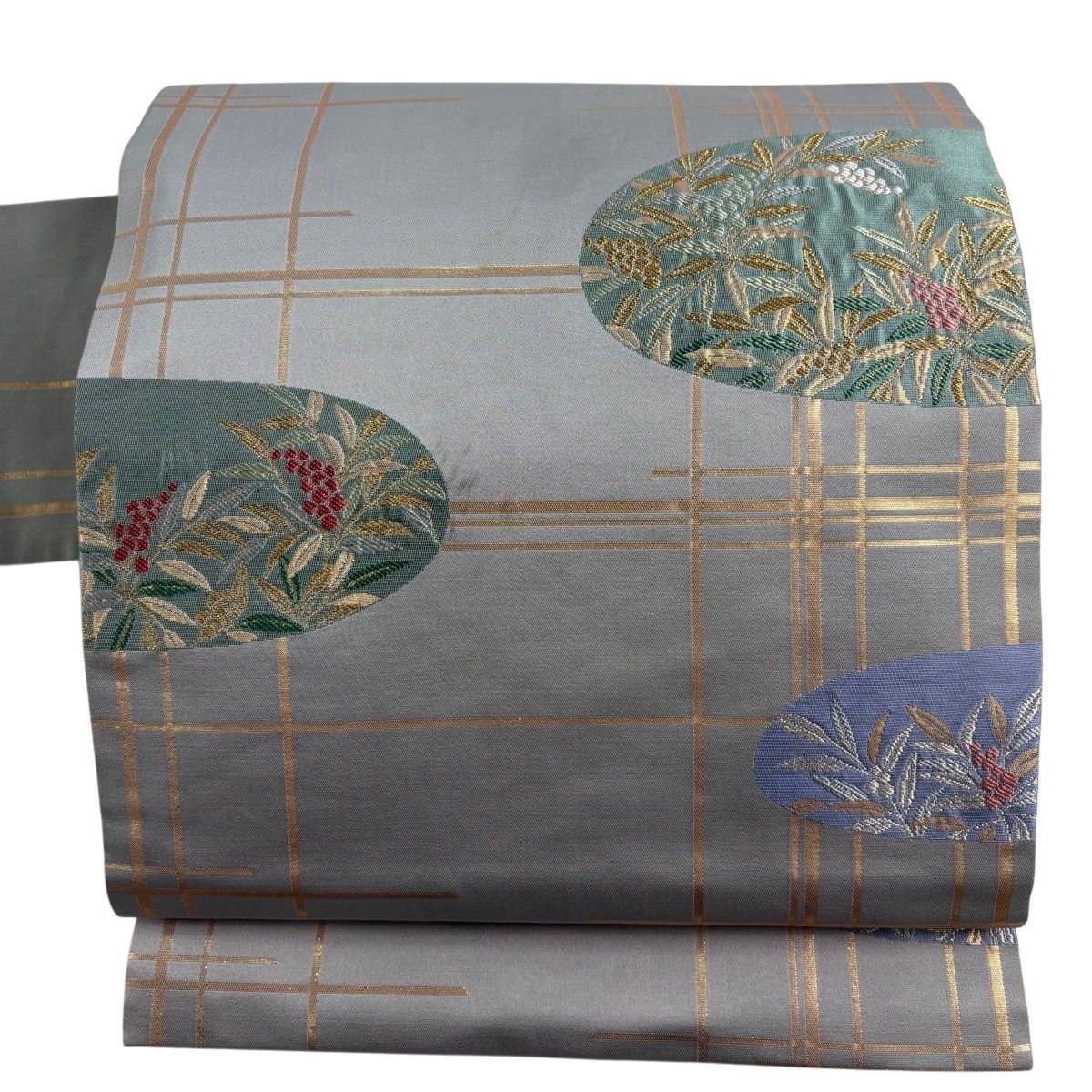 名古屋帯 秀品 草花 格子 箔 金糸 灰色 正絹 【中古】