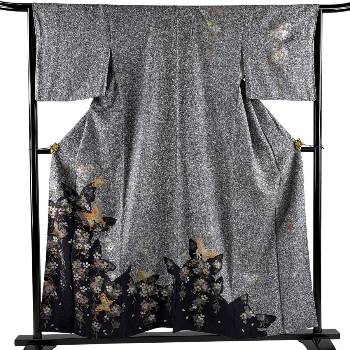 訪問着 身丈155.5cm 裄丈64.5cm M 袷 落款 蝶 桜 金銀彩 灰色 正絹 秀品 【中古】