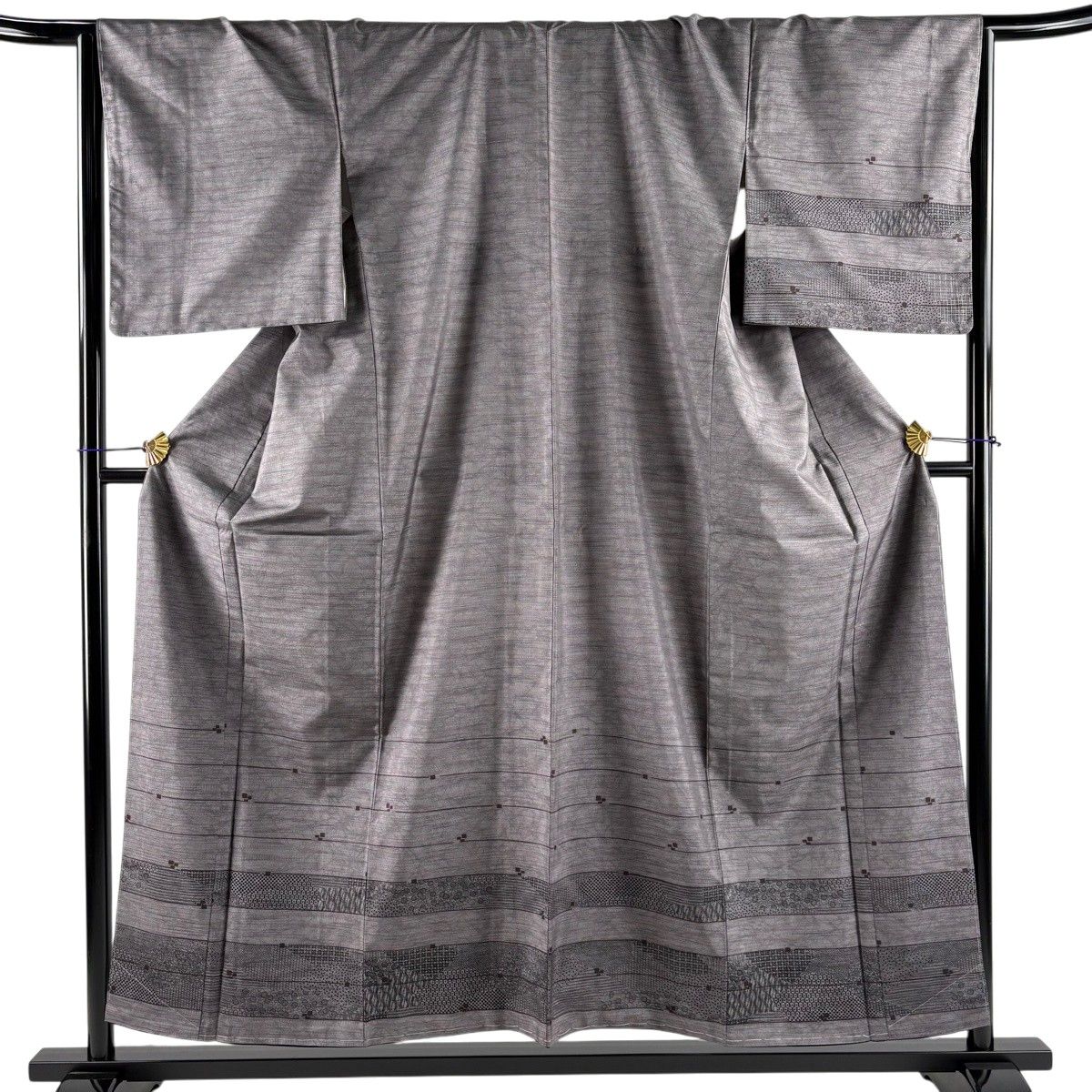 【美品】 付下げ 身丈156cm 裄丈66cm M 袷 紬地 花唐草 縞 灰紫 正絹 秀品 【中古】