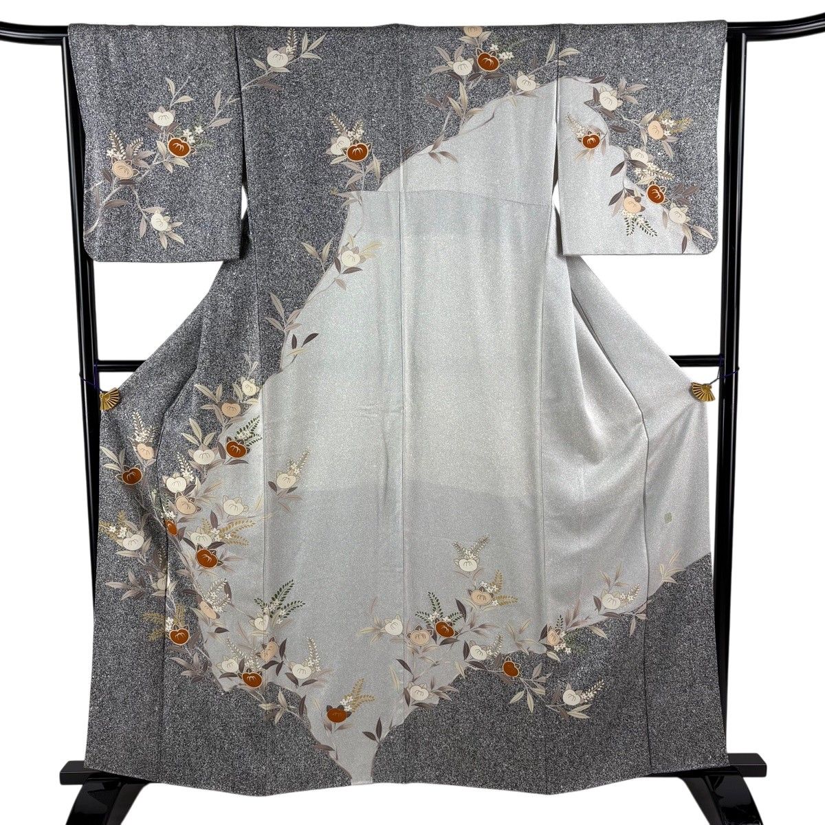 訪問着 身丈161cm 裄丈64.5cm M 袷 落款 橘 桔梗 金彩 金糸 灰色 正絹 秀品 【中古】
