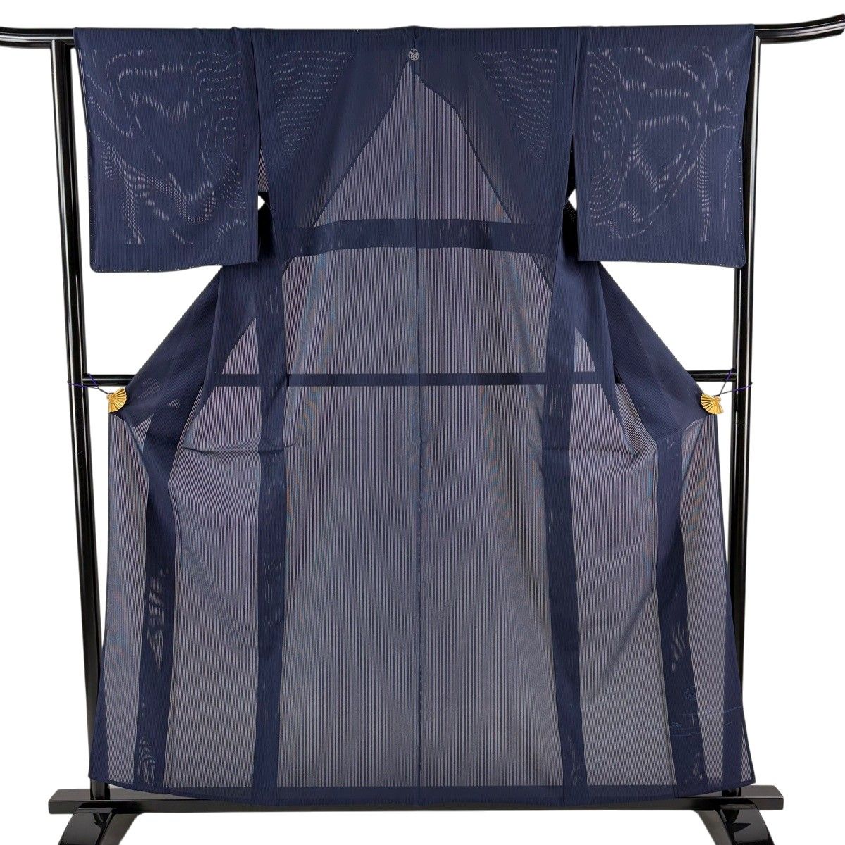 【美品】 色無地 身丈159cm 裄丈64cm M 薄物 縦絽 紺色 正絹 秀品 一つ紋 【中古】