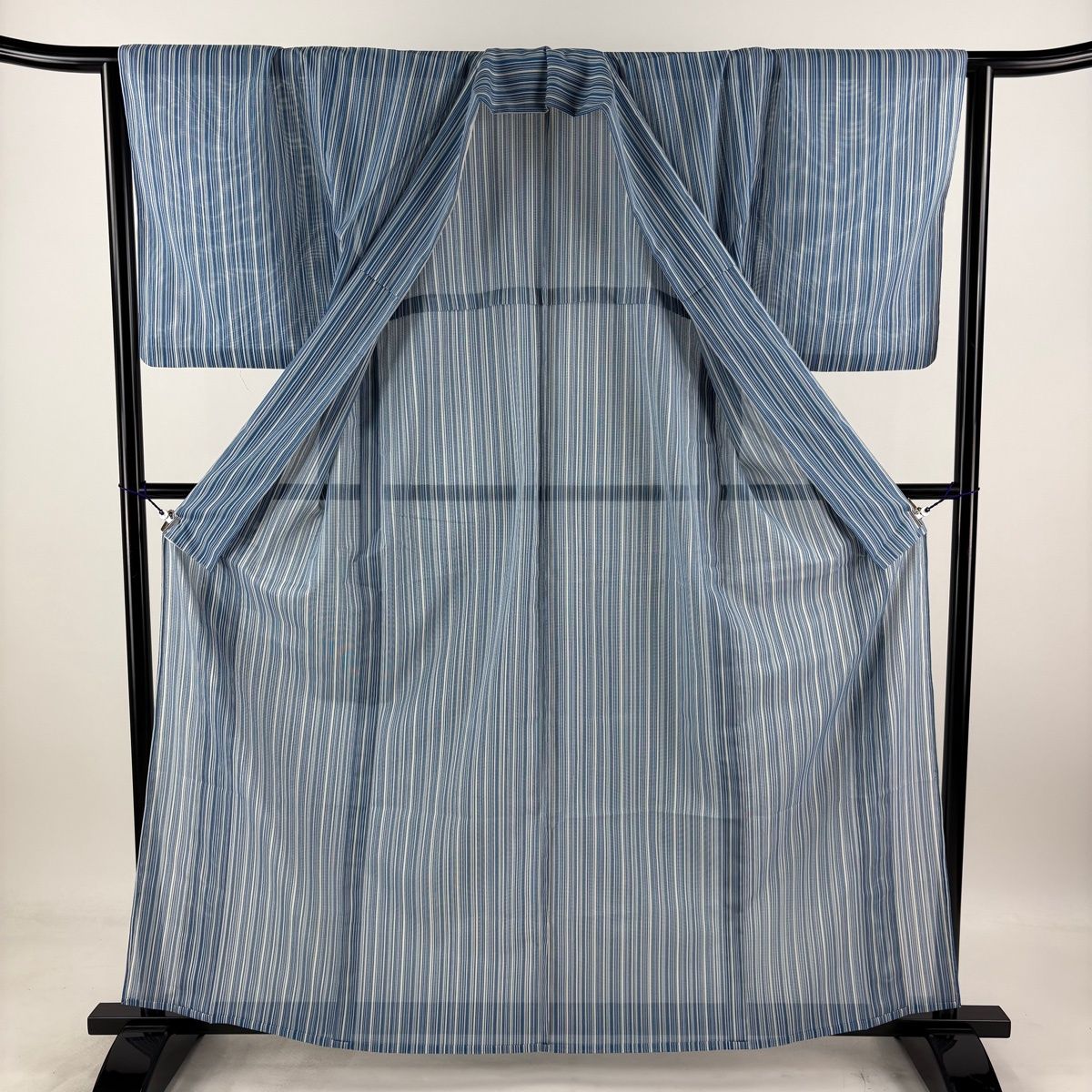送料無料】小紋 身丈161.5cm 裄丈65cm M 薄物 絽 洗える着物 縦縞 青