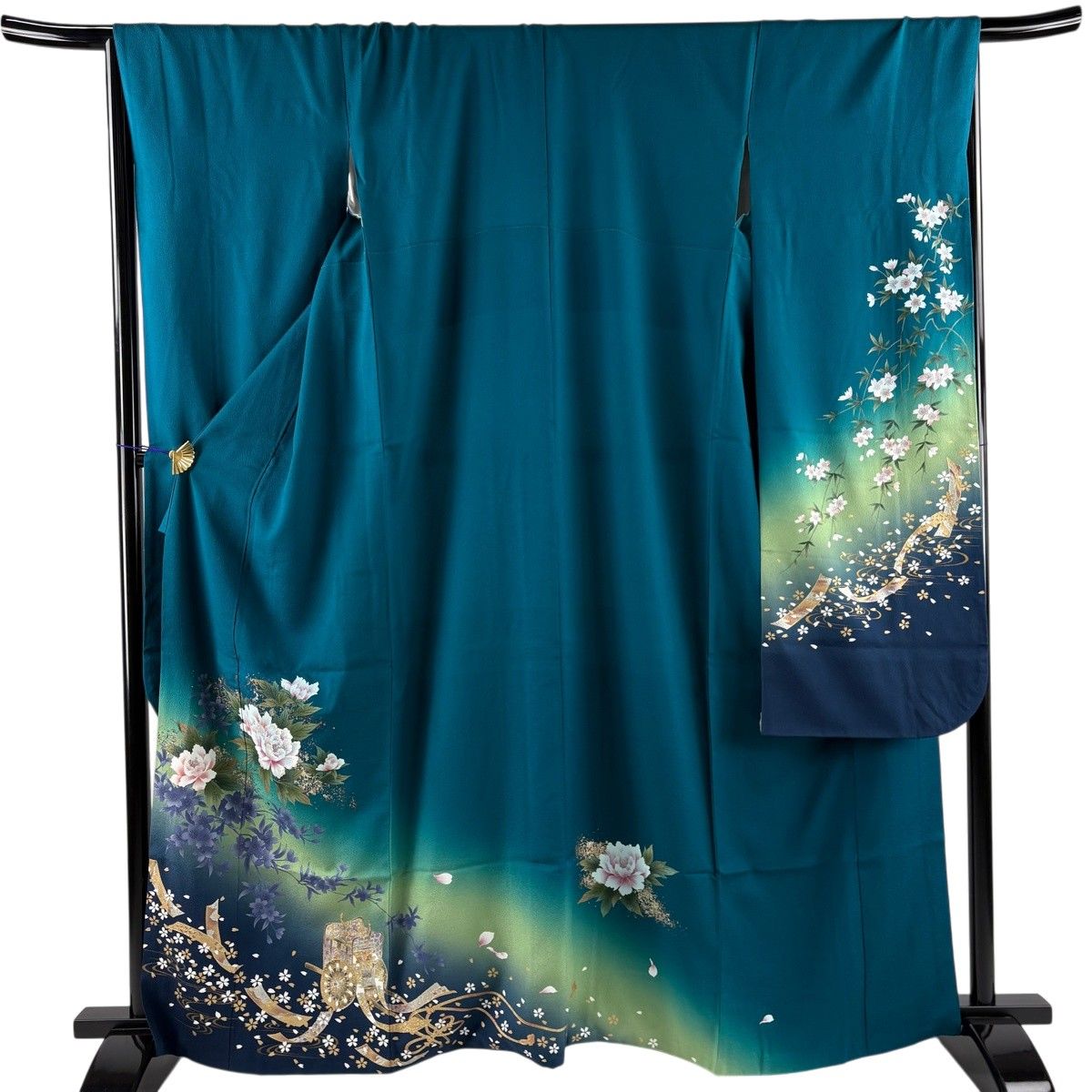 振袖 身丈164cm 裄丈67.5cm L 袷 牡丹 御所車 刺繍 金銀彩 青緑 正絹 秀品 【中古】