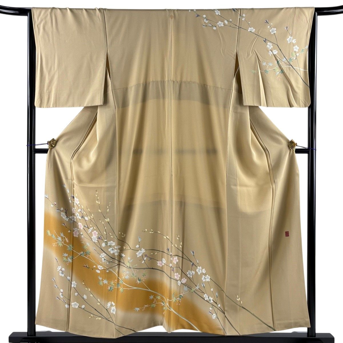 【美品】 訪問着 身丈155cm 裄丈65cm M 袷 落款 枝花 楓 ぼかし 薄茶色 正絹 秀品 一つ紋 【中古】