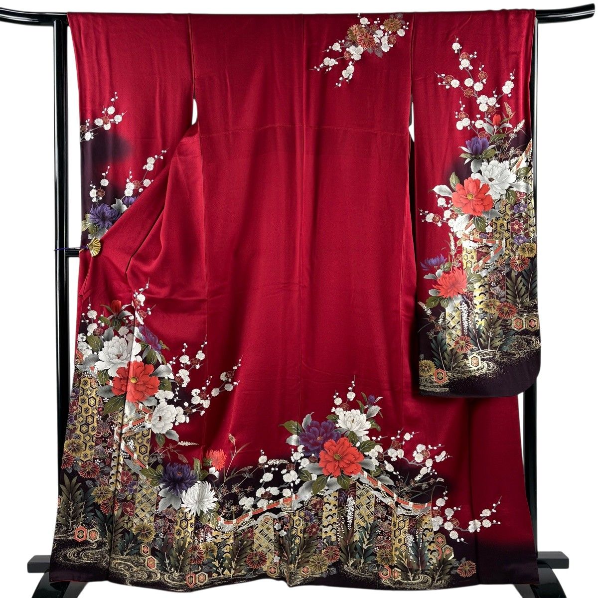 【美品】 振袖 身丈162cm 裄丈64.5cm M 袷 牡丹 幔幕 金銀彩 ぼかし えんじ色 正絹 秀品 【中古】 8,378円