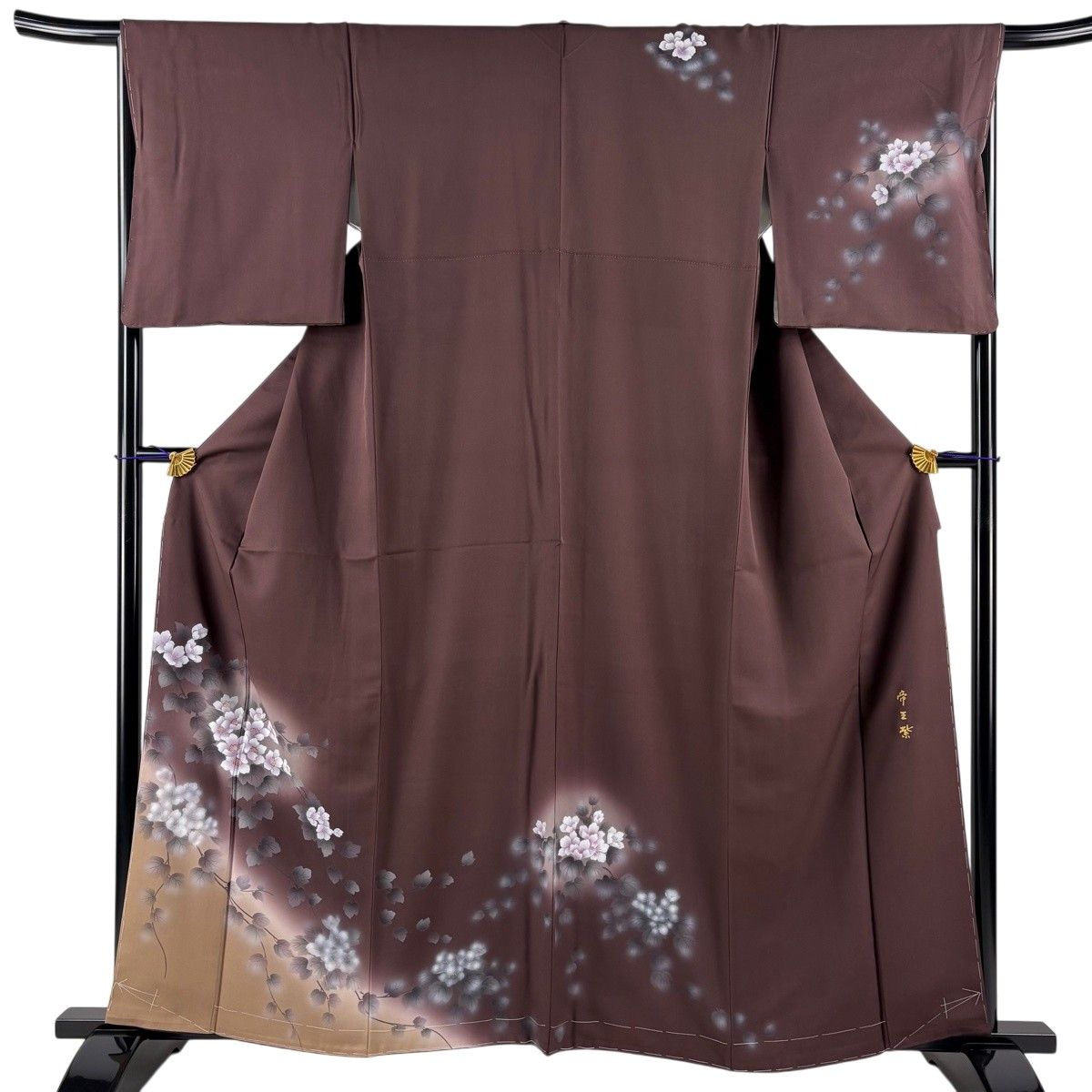 付下げ 身丈162cm 裄丈66.5cm M 袷 帝王紫 落款 枝花 金彩 ぼかし 茶紫 正絹 逸品 【中古】 16,898円