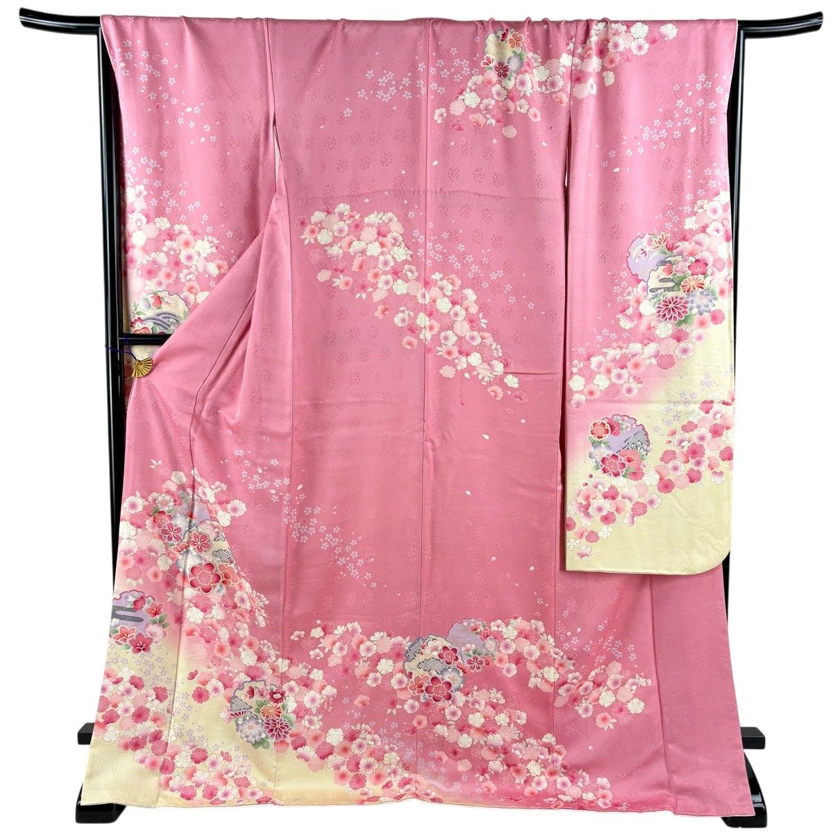 振袖 身丈172.5cm 裄丈70.5cm L 袷 梅 桜 金糸 金糸 ピンク 正絹 名品 【中古】