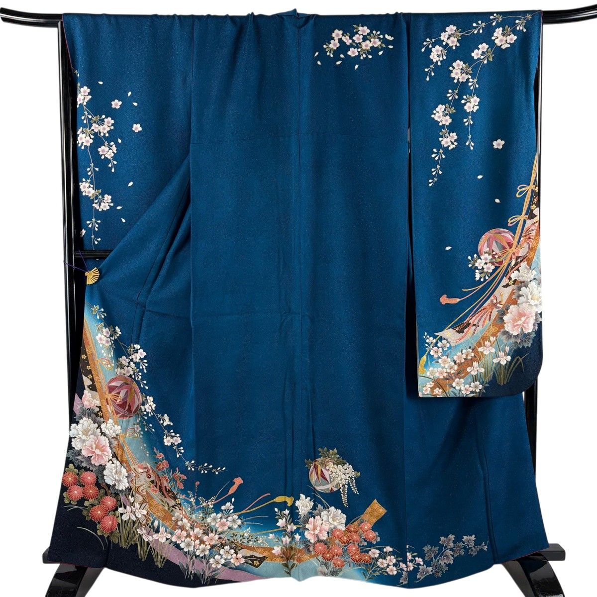 振袖 身丈162cm 裄丈69cm L 袷 手鞠 草花 金通し 金彩 青 正絹 名品 【中古】