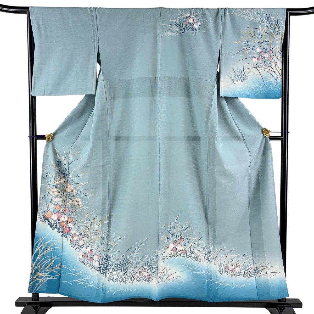 訪問着 身丈155.5cm 裄丈66cm M 薄物 絽 草花 芝 金彩 ぼかし 青灰色