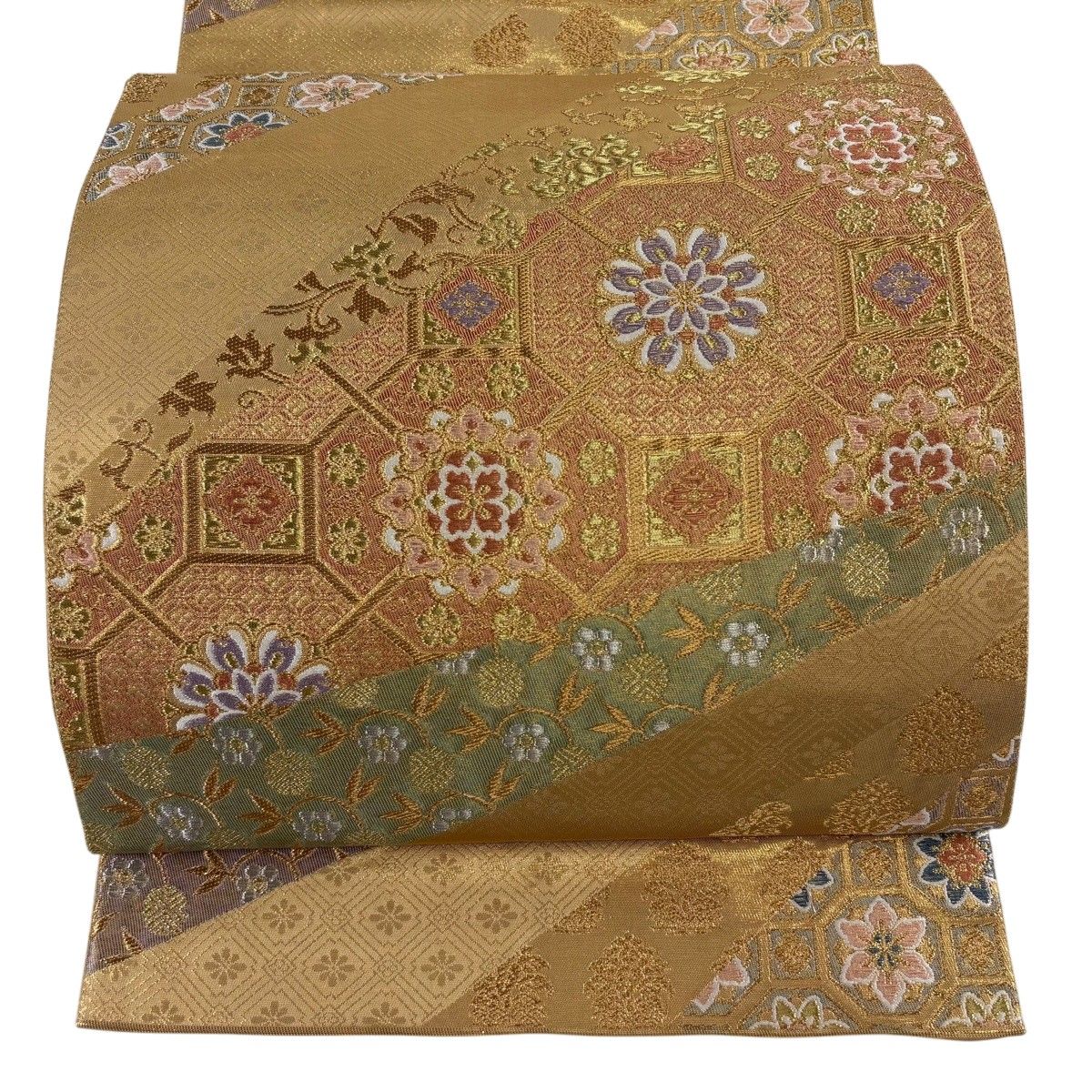 【美品】 袋帯 逸品 じゅらく 落款 蜀江華文 花唐草 金銀糸 本金箔 金色 六通 正絹 【中古】