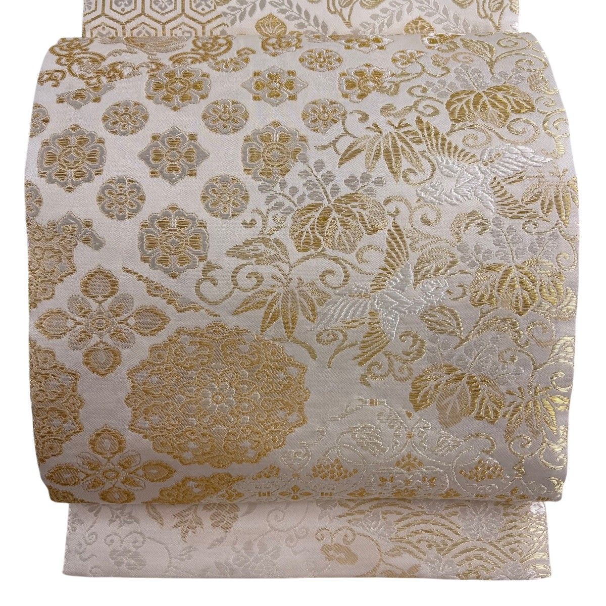 【美品】 袋帯 逸品 リバーシブル 手先二通り 鳳凰 華文 金銀糸 刺繍 クリーム お太鼓柄 正絹 【中古】
