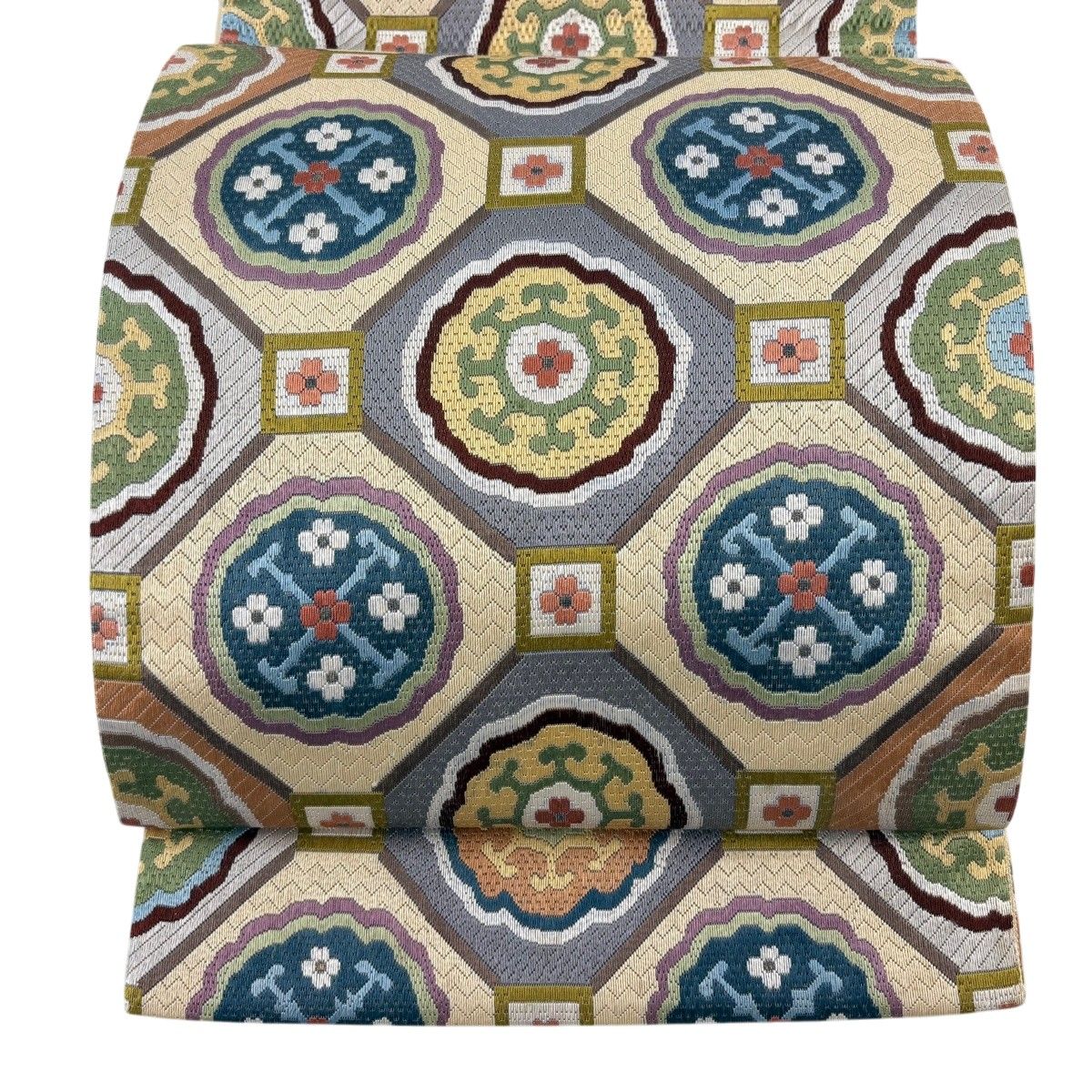 袋帯 逸品 蜀江文 花 刺繍 金糸 灰紫 全通 正絹 【中古】