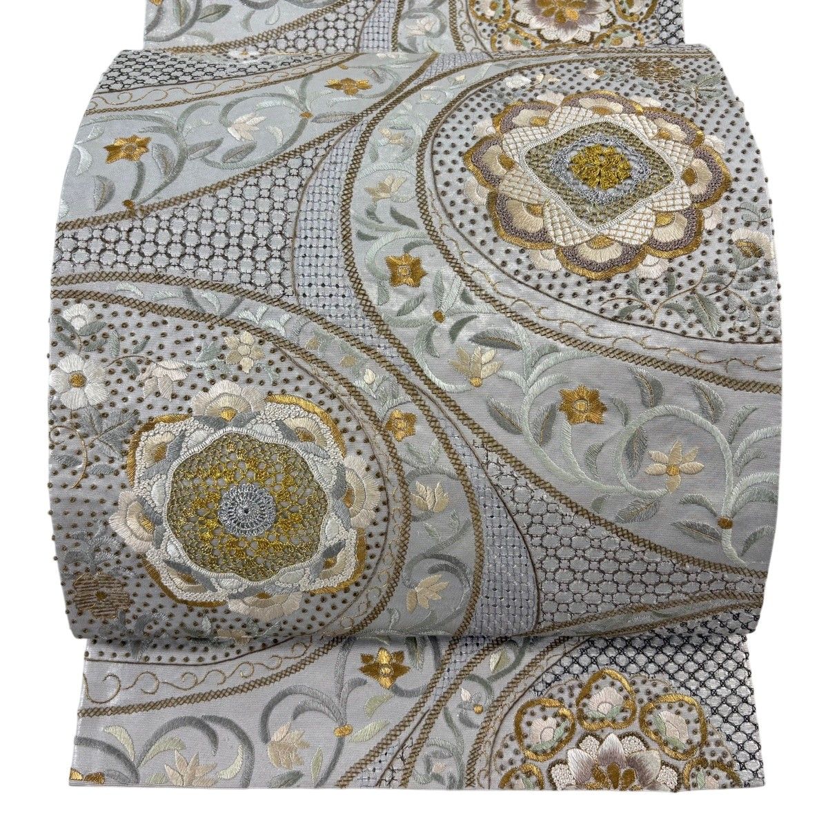 袋帯 逸品 華文 草花 刺繍 金銀糸 銀色 六通 正絹 【中古】