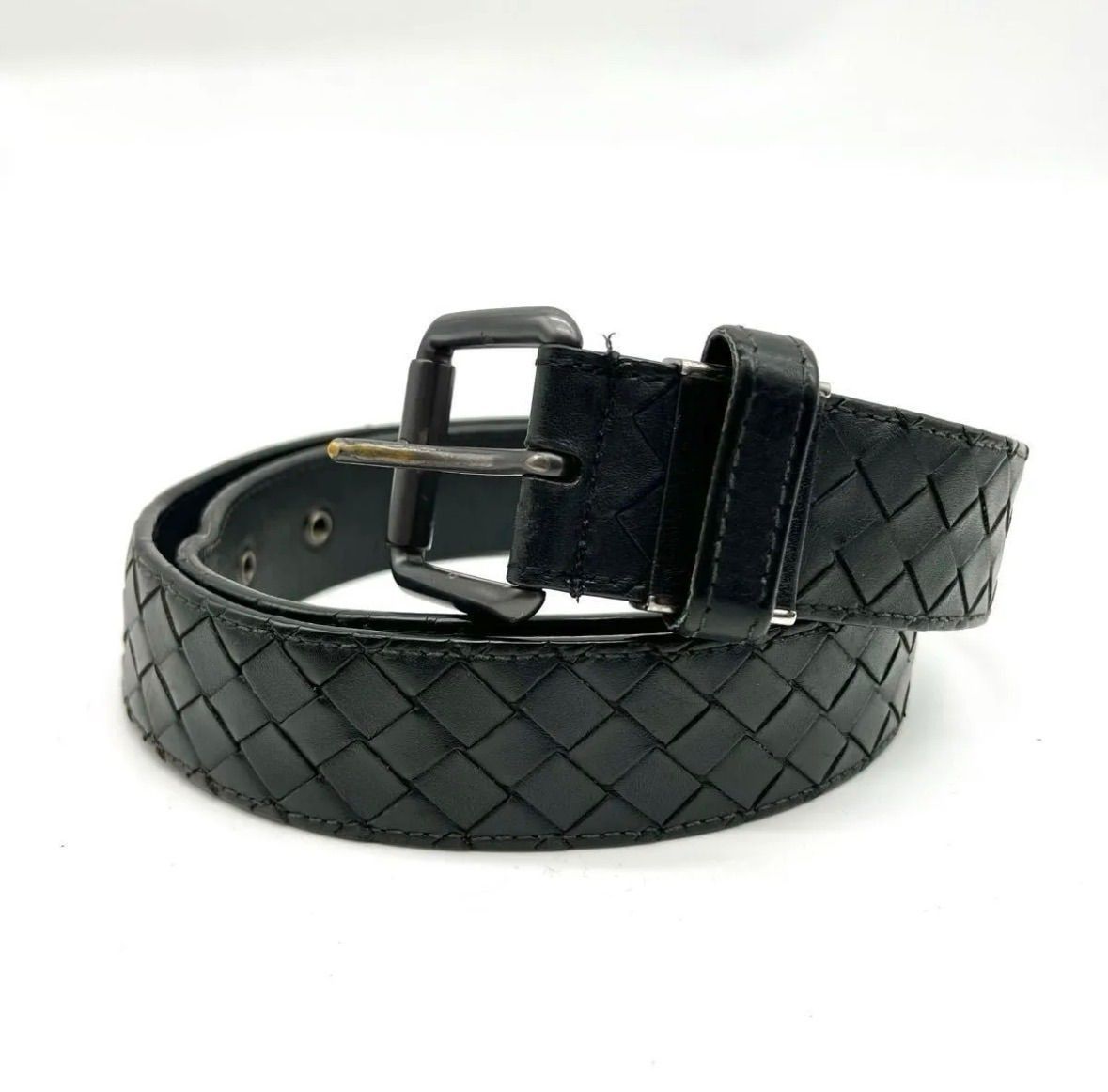 ボッテガヴェネタ イントレチャート メンズ レザー ベルト ブラック E25 美品○BOTTEGA VENETA ボッテガヴェネタイントレチャート レザー