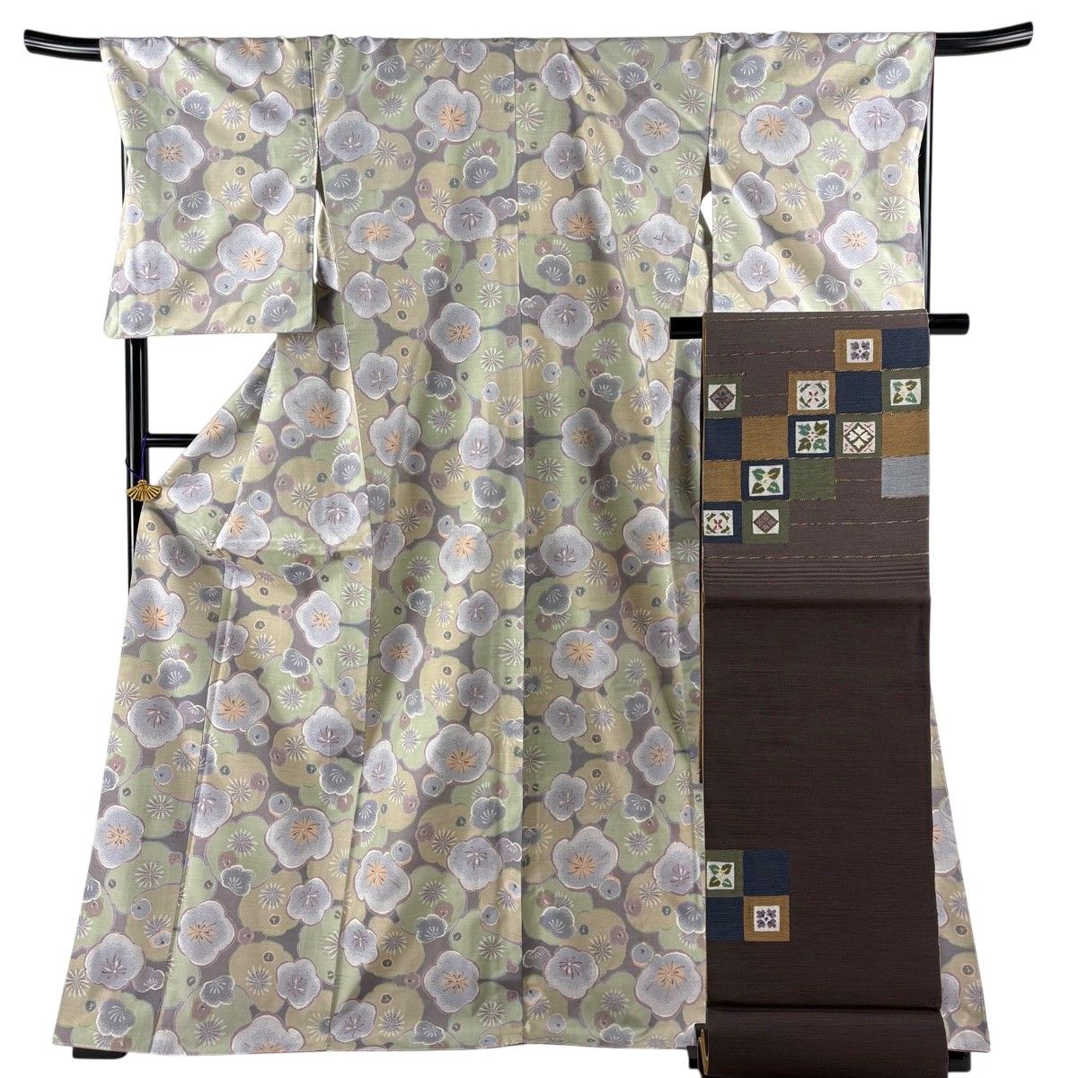 大島紬 身丈175cm 裄丈69cm L 袷 袋帯セット 証紙あり 梅 灰紫 正絹 名品 【中古】