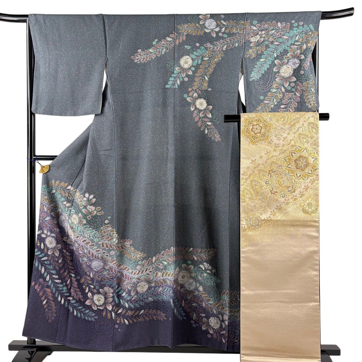 【美品】 訪問着 身丈156cm 裄丈66cm M 袷 袋帯セット 辻が花柄 ぼかし 染め分け 灰緑 正絹 名品 【中古】