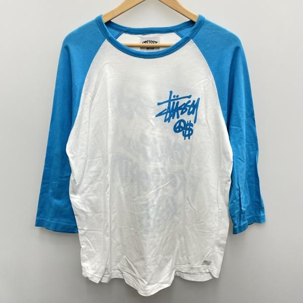 【中古】STUSSY ラグランシャツ サイズM 白×水色[91]