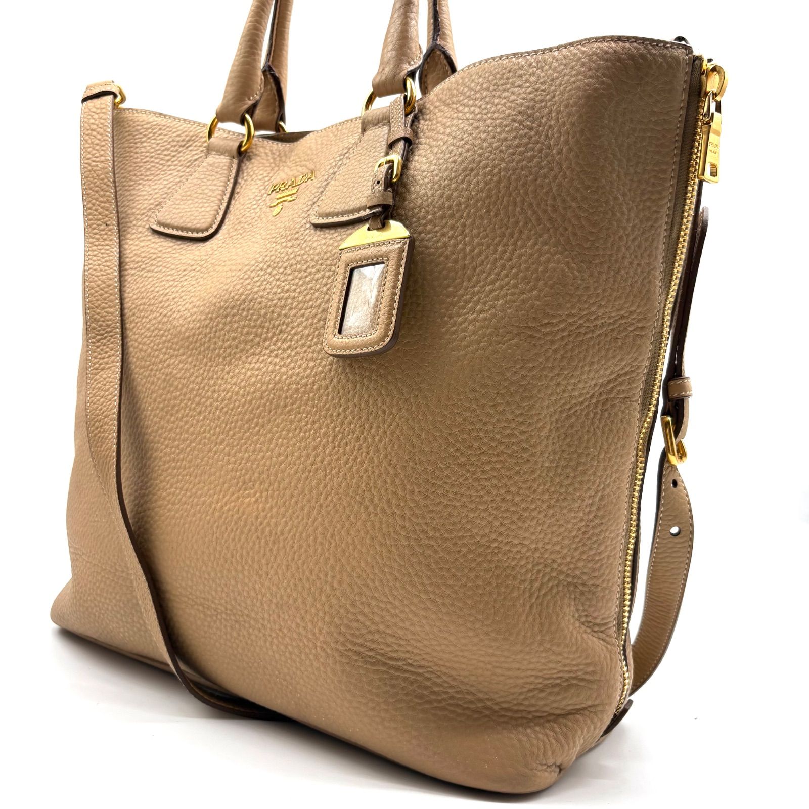 【良品✨】PRADA 2way Vitello Daino Leather Tote Bag Beige プラダ ヴィッテロダイノ レザー トートショルダーバッグ ベージュ A4収容可能 ゴールドファスナー