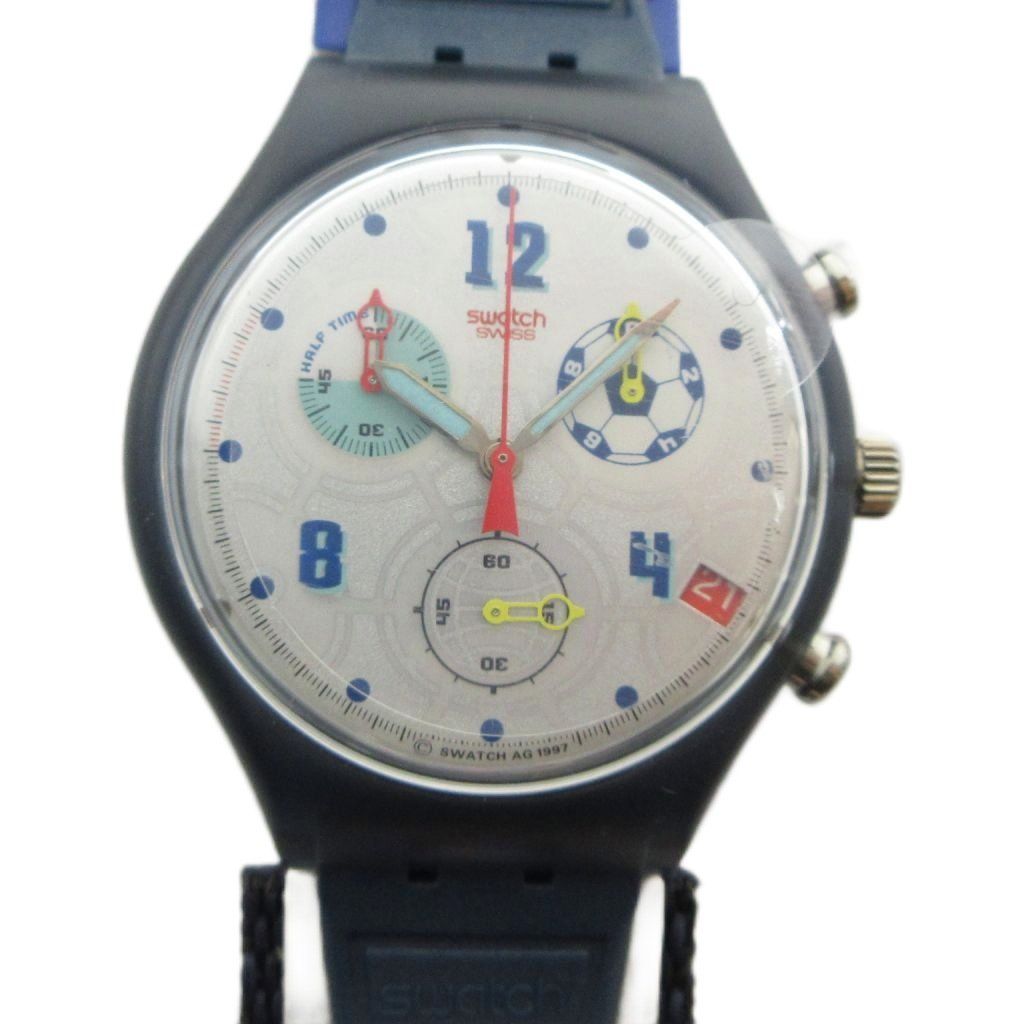 スウォッチ SWATCH 1998年 サッカー フランスワールドカップ 記念モデル 腕時計 クォーツ ウォッチ クロノグラフ デイト カレンダー付き 白文字盤 黒 ブラック ■GY18 /MQ