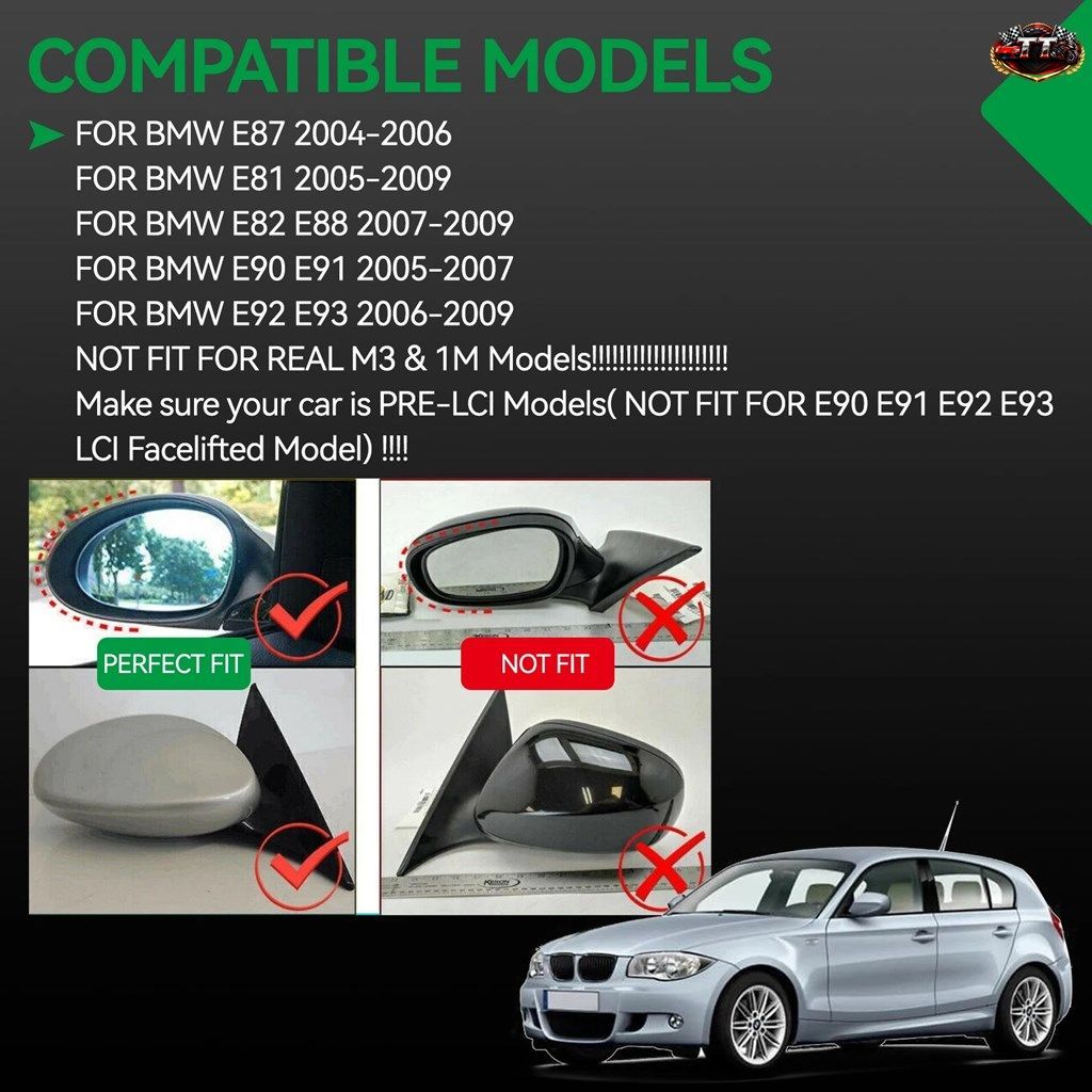 BMW E81 E82 E87 E88 E90 E91 E92 E93 PRE-LCI 用サイドミラーカバーキャップ 1ペア #51167135098 51167135097