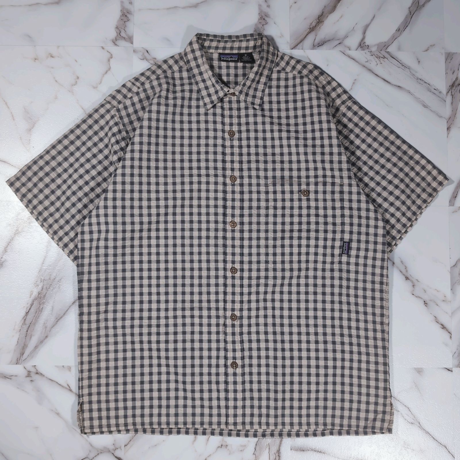 90s SP'99 patagonia 52995 S/S A/Cシャツ シアサッカー M ベージュ×グレー チェック