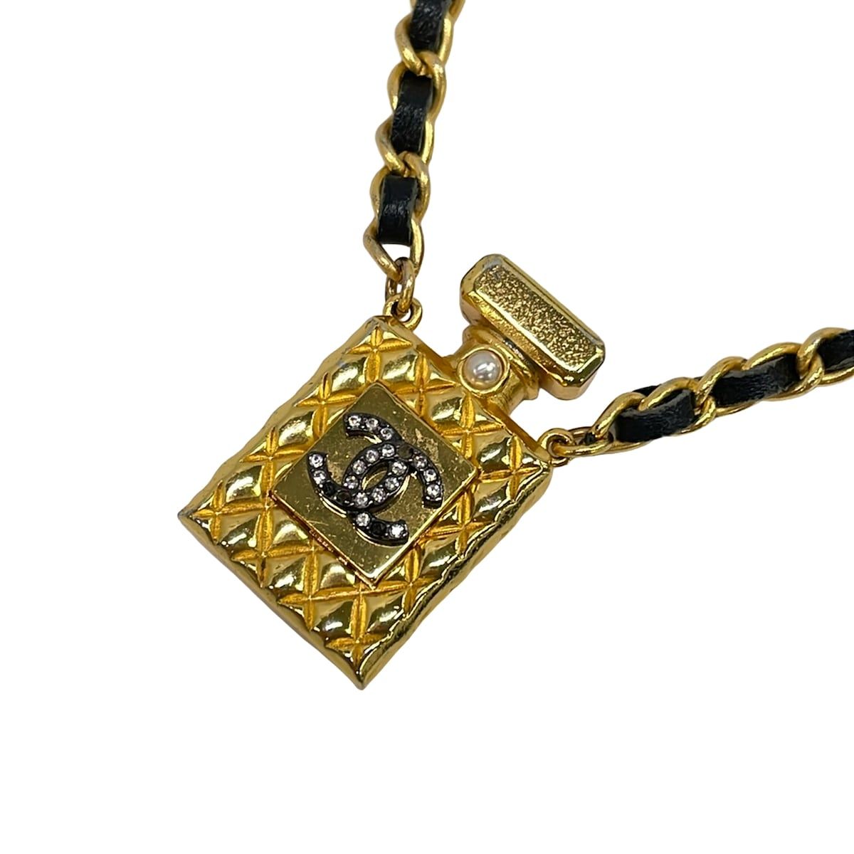 CHANEL(シャネル) ネックレス ココマーク ラムスキン ゴールド×黒 マトラッセ/パール/ラインストーン/香水瓶