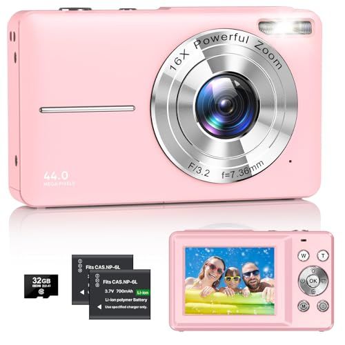 msデジカメ FHD動画撮影 4400万画素 デジタルカメラ オートフォーカス 16倍デジタルズーム 連続撮影 手振れ補正 32GBマイクロSDカード付き 大容量バッテリー2本付き 軽量 持ち運び便利 日本語の取扱説明書 Vlog 初心者向け 学生 修学旅行