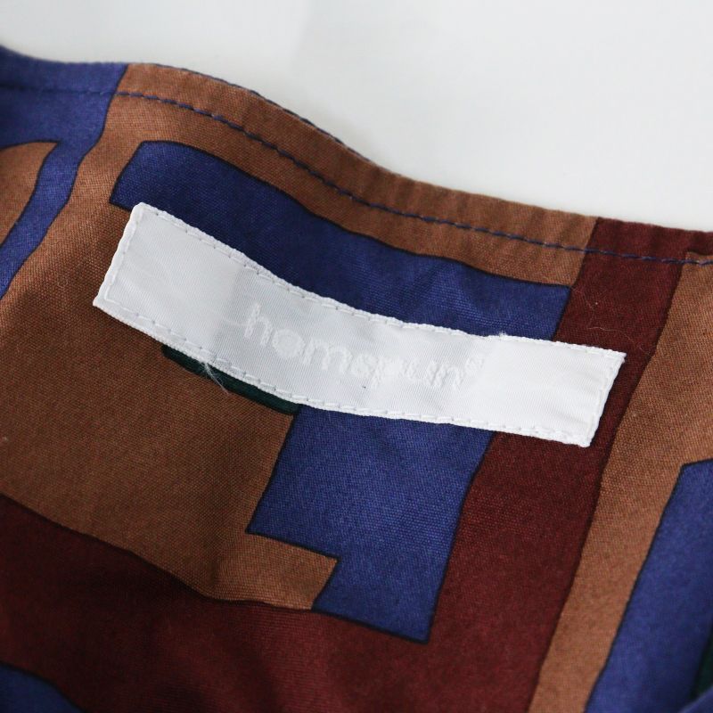 ホームスパン homspun パッチワークプリント七分袖ワンピース F‖ブルー