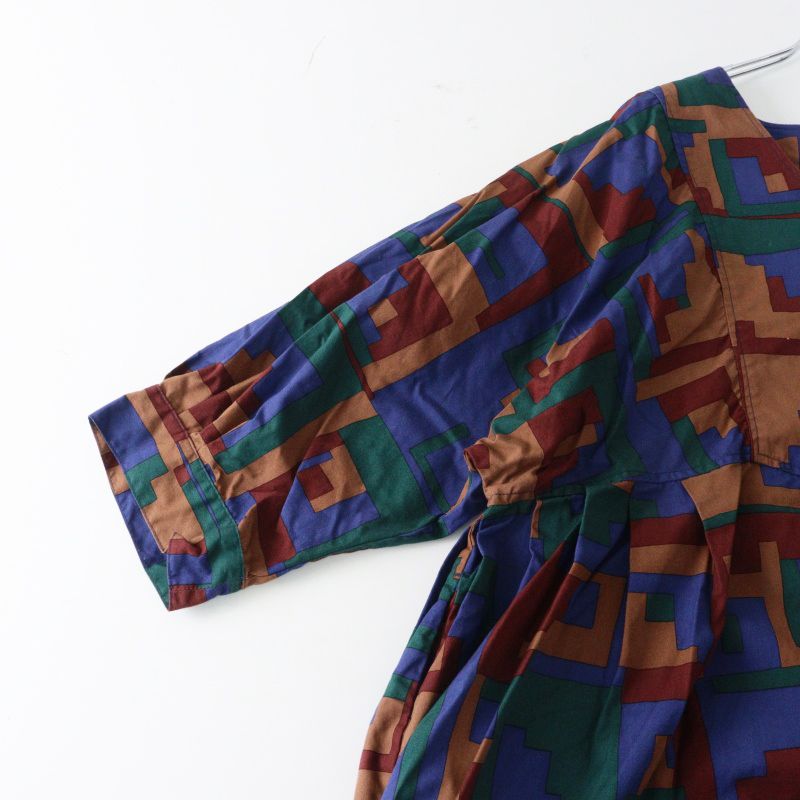 ホームスパン homspun パッチワークプリント七分袖ワンピース F‖ブルー