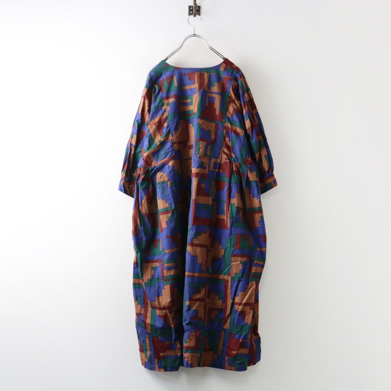 ホームスパン homspun パッチワークプリント七分袖ワンピース F‖ブルー