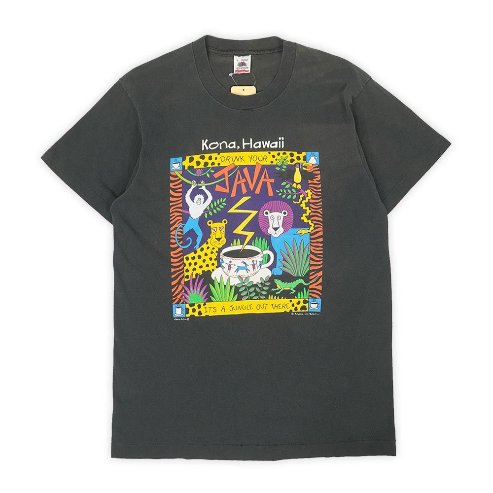 90s Rebecca Lee Baldwin プリントTシャツ MADE IN USA アメリカ製 シングルステッチ フルーツオブザルーム ヴィンテージ 古着 サンフェード コナコーヒー スーベニア ブラック 黒 L【中古】