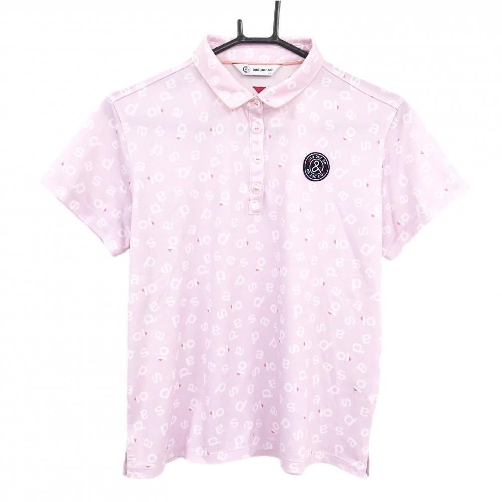 【超美品】アンパスィ 半袖ポロシャツ 白×ネイビー×ピンク メガネ総柄 ワッペン メンズ  ゴルフウェア and per se 超美品】アンパスィ 半袖ポロシャツ ライトピンク×白 ロゴ総柄