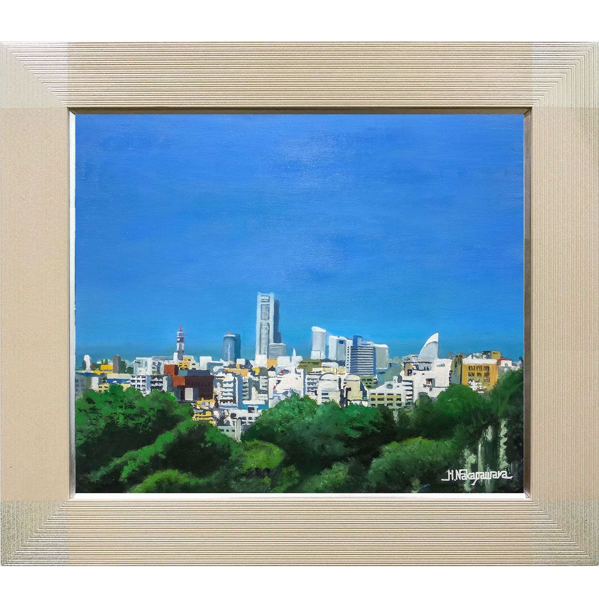 油彩画 F8号 中川原英之「横浜全景」美術年鑑掲載 真筆 額入り 油絵 風景画 横浜 みなとみらい 絵画 美術品 アート インテリア 新築祝い 開店祝い YE655