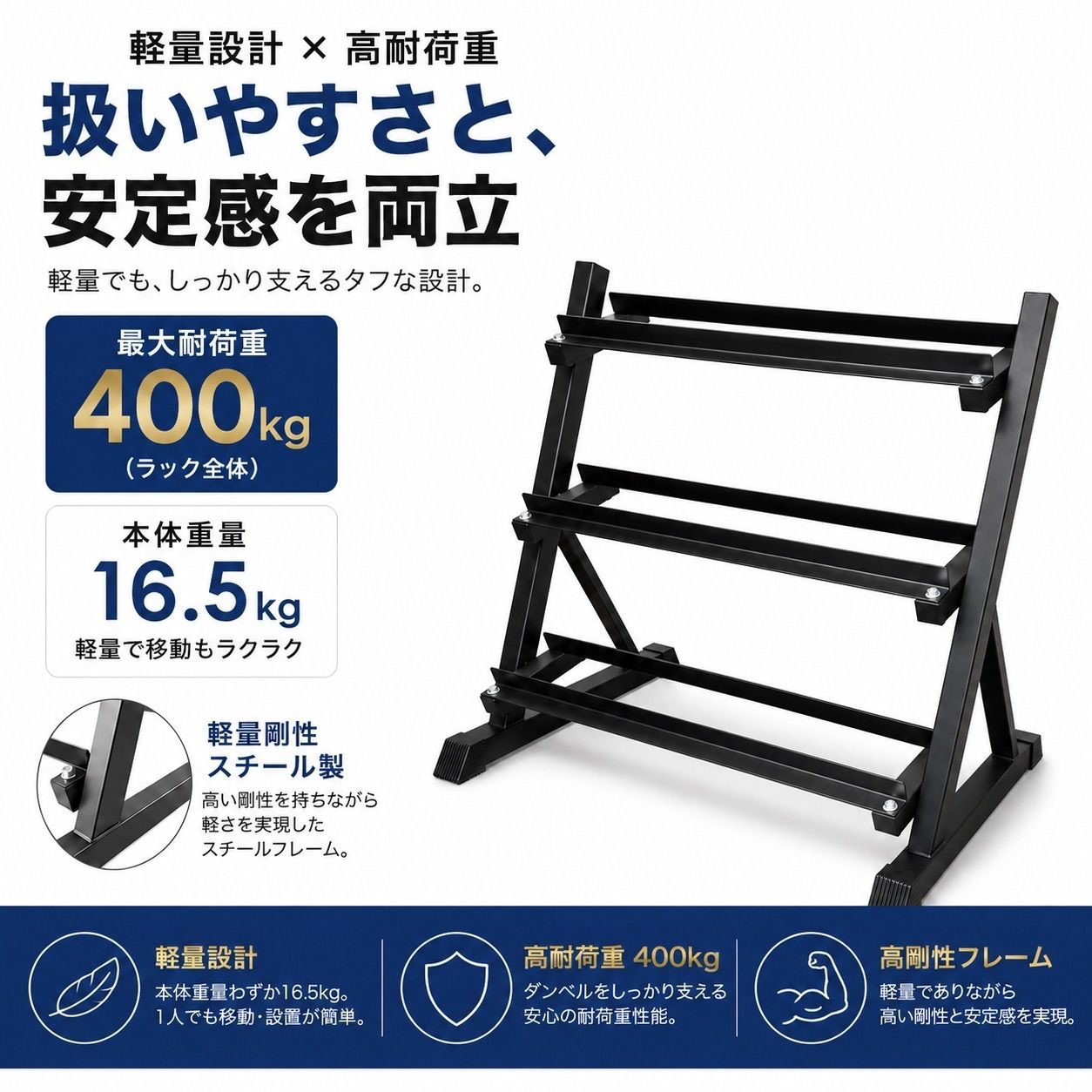 トレーニング環境を整える】高耐久ダンベルラック 3段式 耐荷重400kg