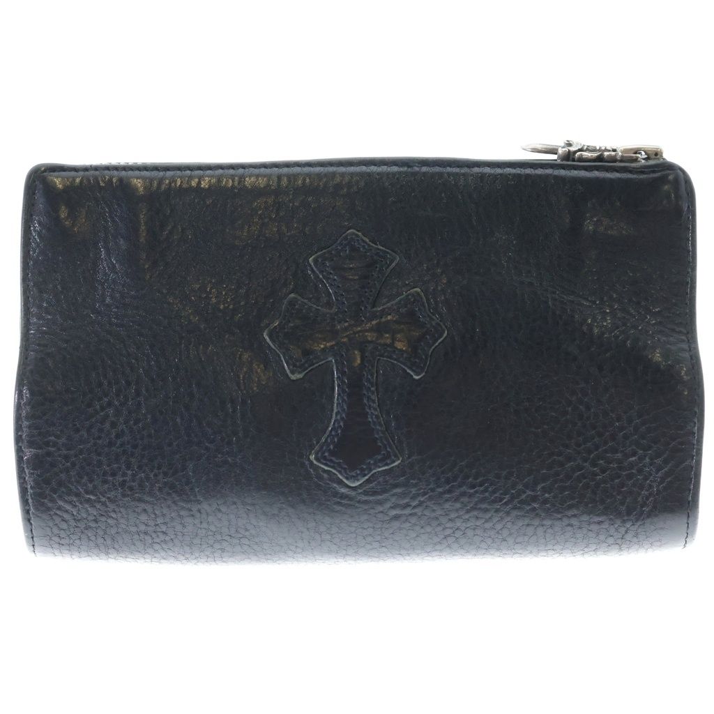 CHROME HEARTS (クロムハーツ) CHクロスパッチ コスメティックポーチ ブラック レザー