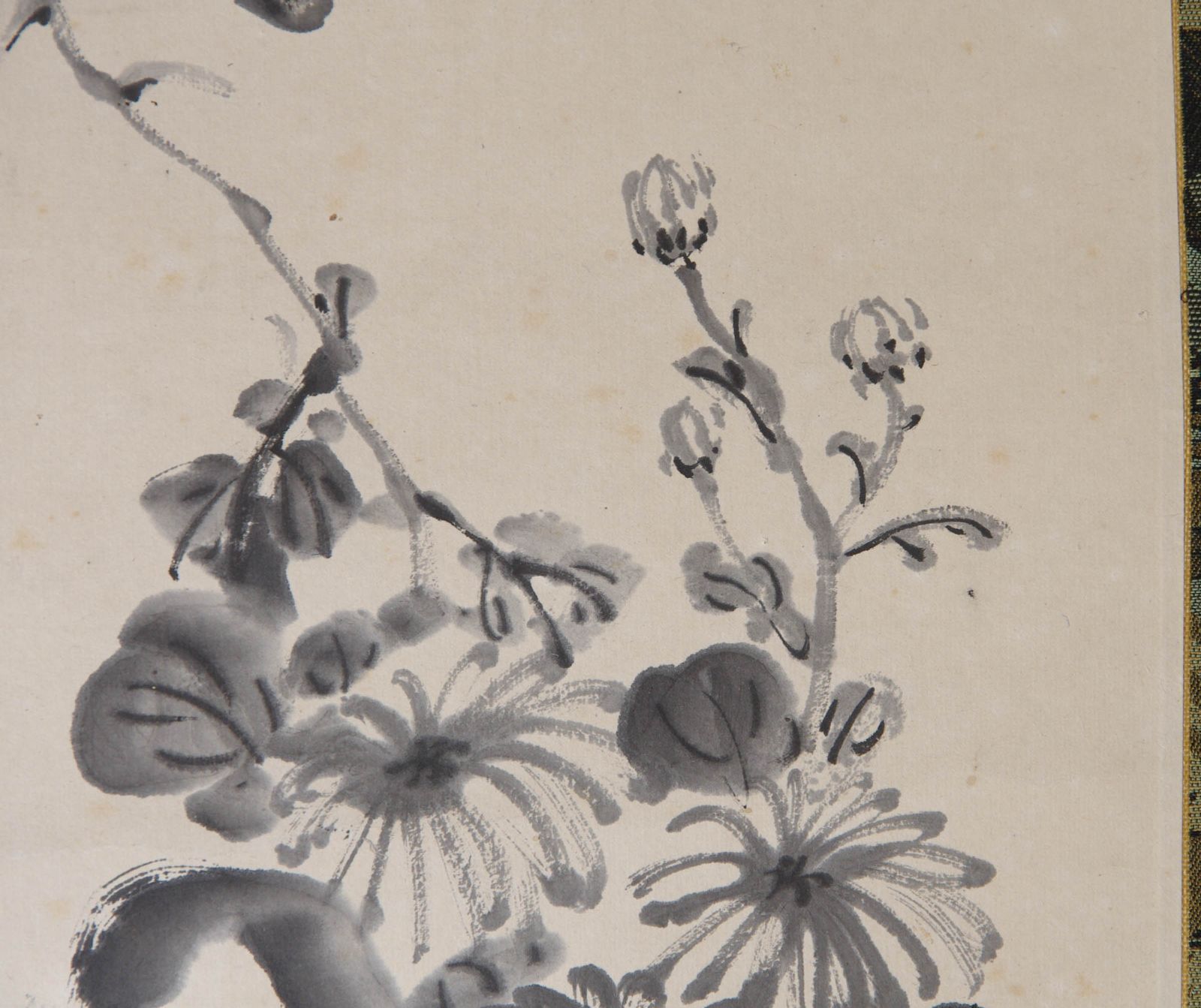 掛軸 【 寺田米陽 墨岩菊図 画賛 】 紙本 合箱 明治の南画家 高知