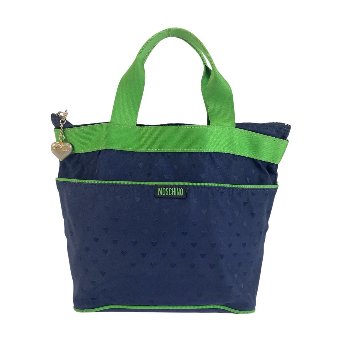 美品 MOSCHINO モスキーノ ブルー グリーン ナイロン トートバッグ