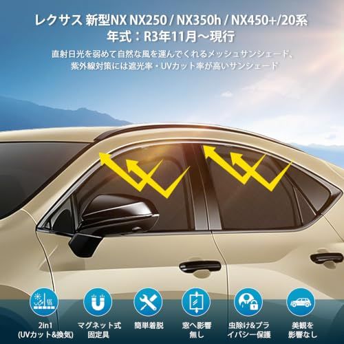レクサス 新型NX NX250 NX350h NX450+ 車種専用 メッシュカーテン サンシェード 遮光 換気 LEXUS 20系 サイド用 2in1 カーテン 日除け 虫避け マグネット カーシェード 通風 UVカット運転席 助手席 イン 80443d46